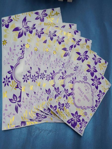 Sacs zippés en plastique imprimés 100pcs mat transparent fenêtre vue sac ziplock impression violet or fleur sachet d'emballage de sachet de thé3650926