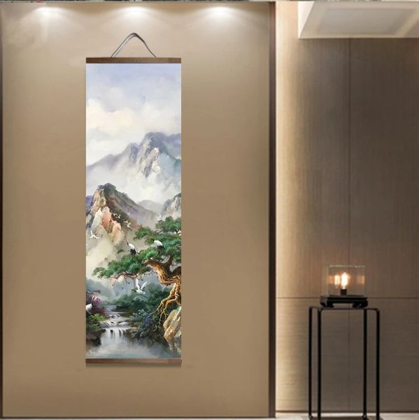 Póster impreso Canvas nórdico Pintura de desplazamiento de madera Pintura de paisaje chino con arte de agua de tinta por regalo Decoración colgante de paredes para el hogar