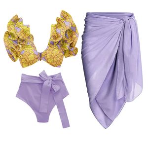 Traje de baño con volantes estampado Moda Corte de cintura alta Bikini sexy Señoras con cuello en V Push Up Traje de baño Espalda abierta Elegante con cordones Falda de playa 240103