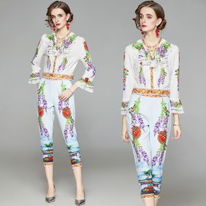 Chemise imprimée + pantalon haut de gamme pour femmes, ensemble deux pièces, chemisier imprimé à volants, pantalon, costume à la mode, printemps été 2021
