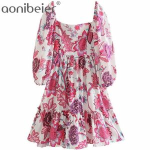 Gedrukte Zomer Bladerdeeg Mouw Vierkante Kraag Shirred Back Dames Casual Midi Skater Jurk Knielengte Ruffles Vrouw 210604