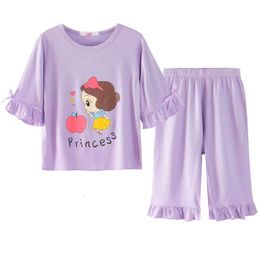 Gedrukte tiener Kinderen Kleding Huiskleding Pakken Babykleding Sets Half Sleeve Pamas Casual Girls Kids Sleepwear voor 4-12 Y L2405