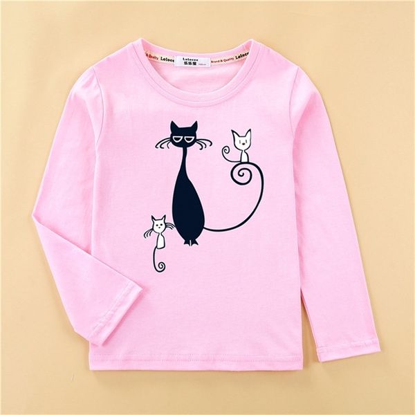 T-shirts imprimés motif chaton filles t-shirt mode vêtements à manches longues conception de chat mignon bébé fille tops t-shirt enfant en coton 210306
