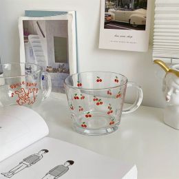 Taza de cristal transparente impresa para café, té, bebidas, postre, desayuno, leche, tazas de cristal con asa
