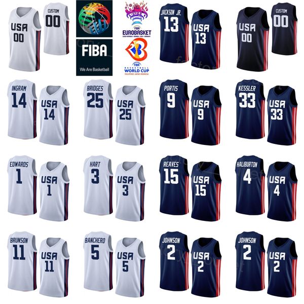 Imprimé US Basketball United States Jersey Jalen Brunson 11 Anthony Edwards 1 Mikal Bridges 25 Bobby Portis 9 Walker Kessler 33 Josh Hart 3 Haliburton National Team