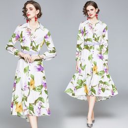 Robe imprimée à manches longues pour femmes, haut de gamme, chemise, mode élégante, mi-longue, à volants, printemps-automne, 2021