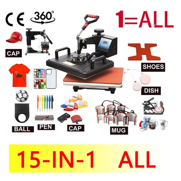 Imprimantes 15 en 1 combo combo muntifonctionnel sublimation Machine de presse thermique T-shirt imprimante de transfert de chaleur pour tasse / capuchon / football / bouteille / stylo / chaussure