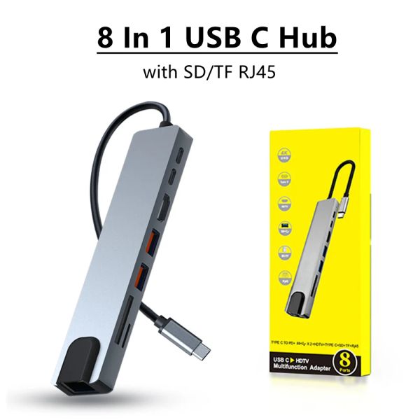 Imprimantes 8 en 1 Hub C USB avec RJ45 SD / TF Reader de carte Type C 3.1 à 4K Adaptateur HD PD Fonde rapide pour ordinateur portable Ordinateur