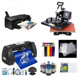 Impresoras 8 en 1 Diseño de máquina de transferencia de prensa de calor para camiseta L1800 Impresora de inyección de sublimación y Plotter gráfico de corte de vinilo de 14 "