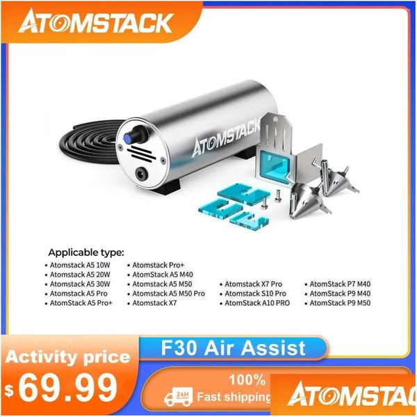 Imprimantes Atack F30 Système d'air 10-30L / Min Débit d'air élevé pour la découpe laser Gravure Hine Accessoires assistés par air Supprimer la goutte de fumée Deli Ott57