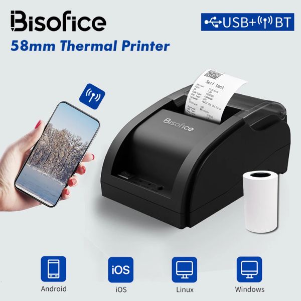 Imprimantes Bisofice Desktop 58mm Receipt thermique imprimante sans fil imprimante portable imprimante USB + BT / USB Connexions avec 1 papier rouleau à l'intérieur