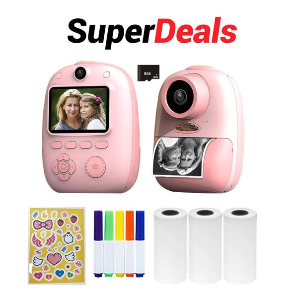 Impresoras D10 Cámara instantánea Impresora de foto 1080p HD Mini Digital Camera para niños con LED Light Impresión de papel Caricete de papel de papel