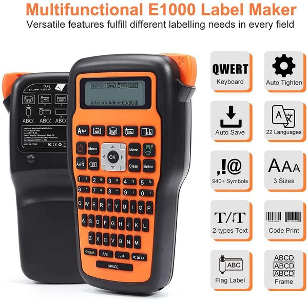 Imprimantes E1000 Machine d'étiquetage portable Symbole de clavier QWERTY sans fil Symbole industriel compatible pour Brother Tze231 Imprimante d'étiquette