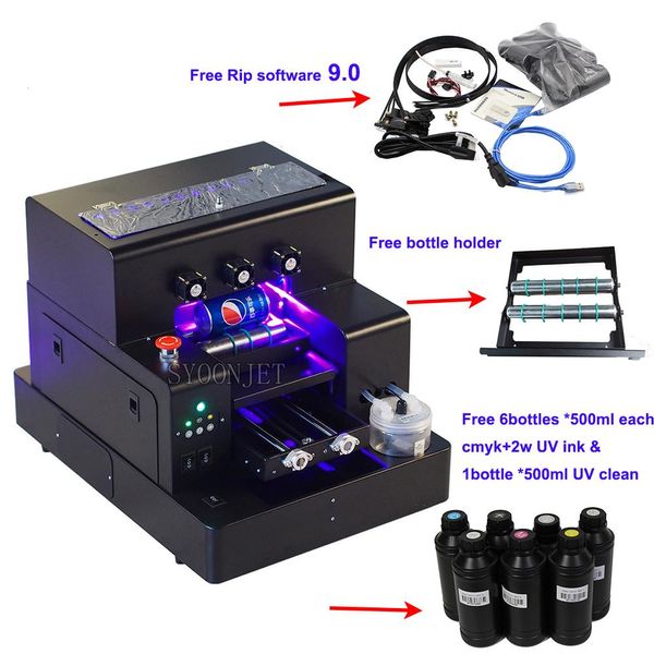 Imprimantes Imprimante UV automatique complète A4 imprimante à bouteille à plat LED LED avec ensemble d'encre UV 3500 ml pour le cylindre de téléphone Impression en verre en bois