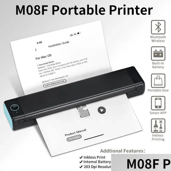 Imprimantes M08F A4 Imprimante thermique portable 8.26x11.69 Papier sans fil Mobile Voyage Android iOS Ordinateur portable Livraison directe Ordinateurs Networkin DHP3B