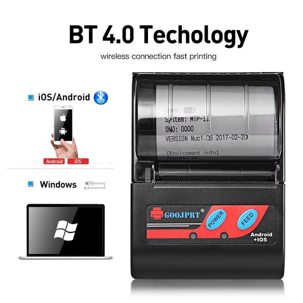 Imprimantes mtp2 58mm mini imprimante Bluetooth Themal Imprimante de réception thermique sans fil portable adapté aux fenêtres Android iOS