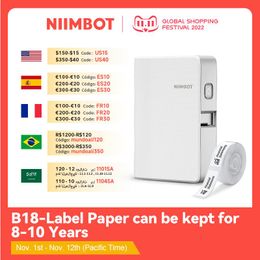 Printers Niimbot B18 Mini Portable Label Printer Thermal Transfer Pocket Pocket Printer In Black Ribbon Sticker Maker met Long Life Labels