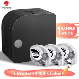 Imprimantes Imprimante de phomemo avec 4 rouleaux Tapes d'étiquette en plastique Impression de transfert thermique pour divers modèles d'étiquettes fonctionnent par 6 batteries AAA