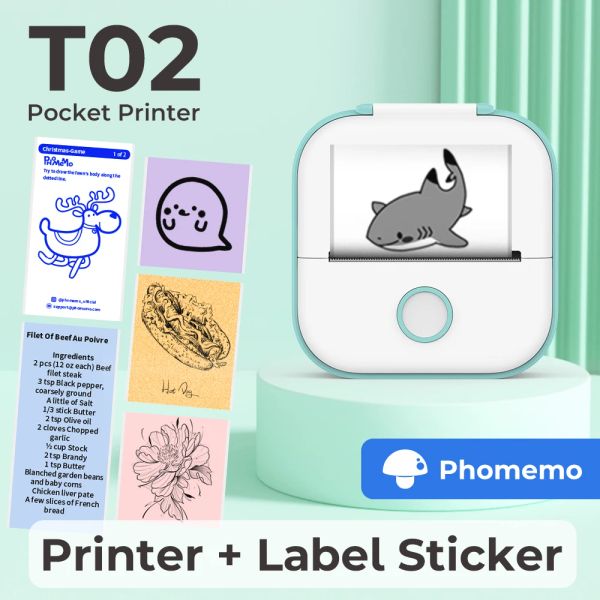 Impresoras Phomemo Sticker Impresora T02 Creador sin tinta mini impresora portátil Bluetooth Termal Policita Impresora para notas de estudio DIY