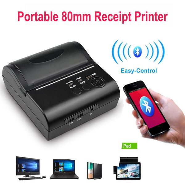 Imprimantes portables Mini 80 mm Bluetooth Wireless Thermal Receipt Ticket Imprimante pour téléphone mobile Android iOS Bill Machine Shop Imprimante