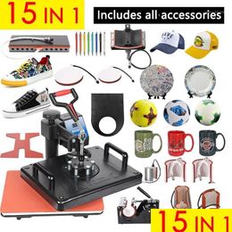 Imprimantes Promotions 30x38cm 15 en 1 Combo Presse à chaleur Hine 2D Sublimation Imprimante Tissu d'impression Tshirt Cap Tasse Plaques Drop Delivery Co Dh9Qo