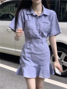 Imprimantes S4XL Violet Denim Mini Trompette Robes Femmes Coréen Preppy Style Doux Mode Simple Chic Ulzzang Été Jeunes Filles Allmatch