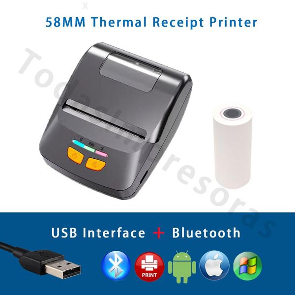 Imprimantes Smart Mini Portable Bluetooth Receipt Imprimante 58mm 2inch Imprimante sans fil Bill Maker Supermarket Machine de billets de billets PC