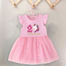 Imprimantes Shirt d'anniversaire de licorne 14 Birthday Petites Girls Dress Kids Kids Pink Princess Tutu Toddler robes