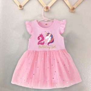 Printers eenhoorn verjaardagshirt 14 verjaardag kleine meiden jurk kinderen roze prinses tutu peuter jurken baby verjaardagsfeestje outfits