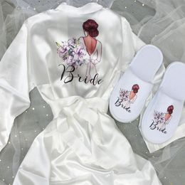 Photos d'impression Kimono Satin Bride Robe Sleepwear for Bridesmaid Wedding Bridal Shower Party Proposition présente