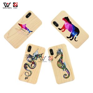 Aangepaste Logo Mobiele Telefoon Gevallen voor iPhone 6 7 8 Plus X XS MAX Back Cover Printing Shark Bear Sea Horse Dragon Designs Maple Houten TPU Groothandel