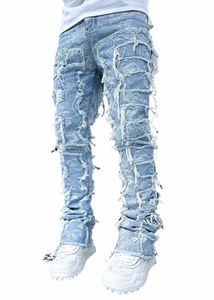 Impression Jeans empilés pour hommes étirés Patchwork Tassel Pantalon endommagé pour homme High Street Hip-pop Pantalon en denim pleine longueur 21gG #