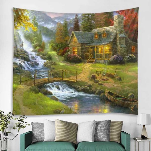 Imprimée tapisseries paysage huile vivante peinture salle décoration mur suspendu tapestry yoga tapis mat bohemia home décoration r0411