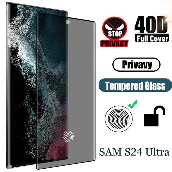 Protectores de pantalla de privacidad para Samsung Galaxy S24 S24Ultra Película de desbloqueo de huellas dactilares Vidrio templado antiespía para Galaxy S23 S22 S21 Plus Note 20 Cubierta completa Borde blanco