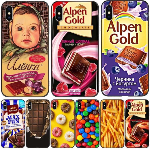 Para Iphone X XS XR Funda de silicona suave en Xs Max Coque Bumper Phone Back Cover Black Tpu Case ChoColate Food Package