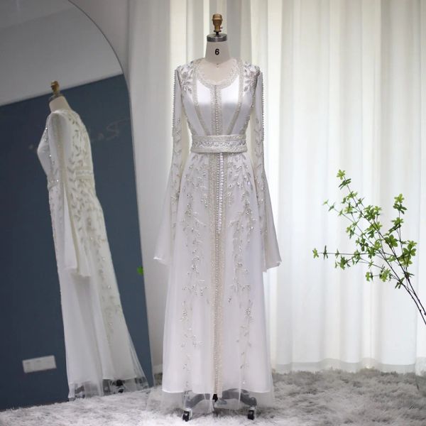 Private Custom Luxury Kaftan Arabic Morocain Dubaï Abaya Robes de soirée Musulman Long Manche Ivory Femmes de mariage Robes
