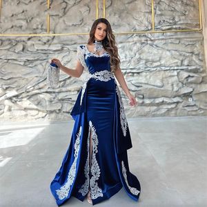 Vestido de noche caftán marroquí personalizado privado, apliques de encaje, manga casquillo, azul real, sirena, corte de terciopelo, vestidos de graduación árabes