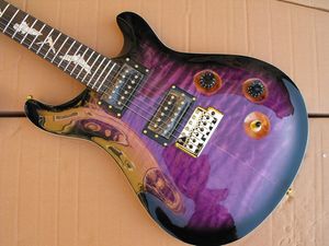 Private Stock SE Paul Allender Flame Maple Top Violet Noir Guitare électrique Bat Inlay, Tremolo Bridge, Gold Hardware