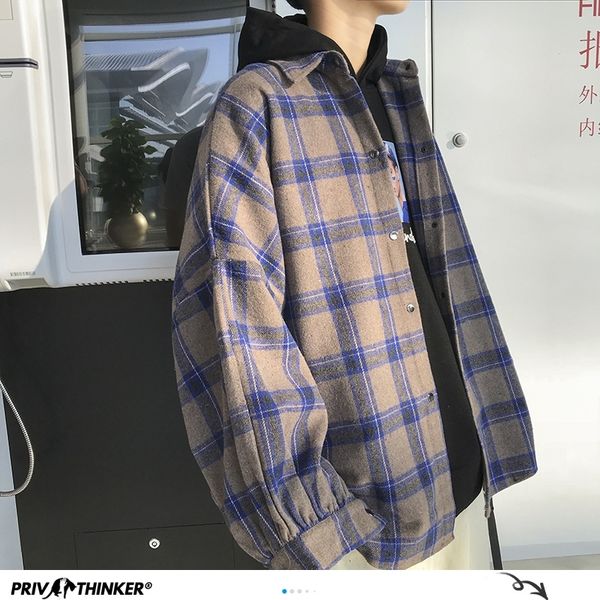 Privathinker Herfst mannen Dikker Plaid Shirts Harajuku Man Oversized Losse Lange Mouw Plus Size Mannelijke Casual Blouse 201120