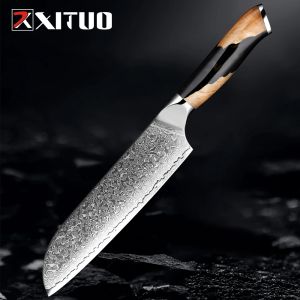Pro Damas Santoku Couteau 7 pouces Couteau de cuisine VG10 Super Damas Steel Couteau de hachage aiguisé pour la viande Fruit de légumes