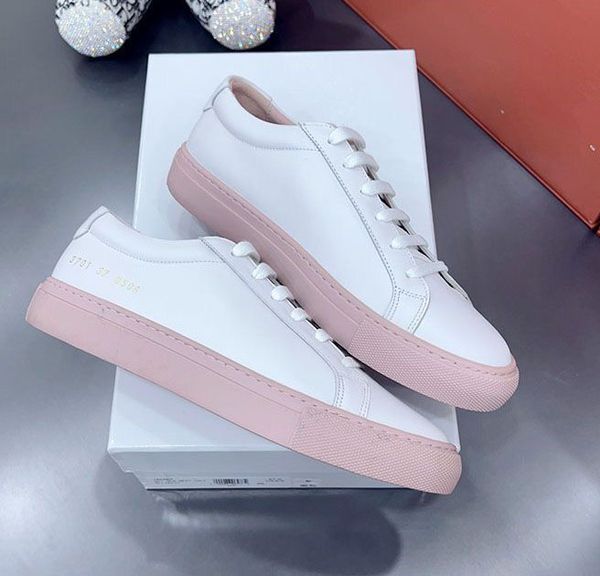 PRO Luxe Casual Chaussures JECTS Hommes Femmes Blanc Nappa Cuir Semelles Roses Baskets Chaussures Baskets Basses À Lacets Plateforme Style Classique Couple Hommes Taille 35-45