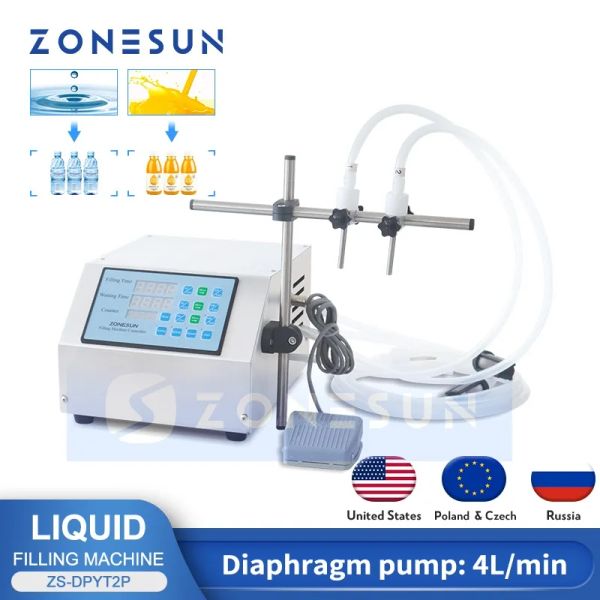 Procesadores ZONESUN Máquina de llenado de líquidos semiautomática Boquillas dobles Bebidas Jugo Perfume Vial Botella de agua Llenadora 14000 ml