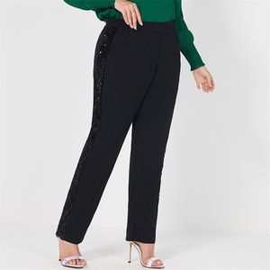 Produit Dames Mode Taille Élastique Paillettes Sangle Couture Pur Noir Lâche Grande Taille Femmes Pantalon 211105