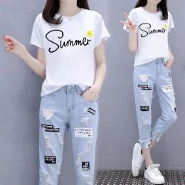 Producto Single Piece/Set Women Summer 2023 Nueva camiseta de manga corta + Jeans NinePoint Risk TwoPiece Femenina Vaquera Pants426