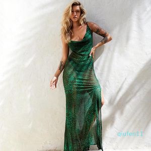 Product zomer met rugloze groene luipaardprint mouwloze diepe V dames lange jurk