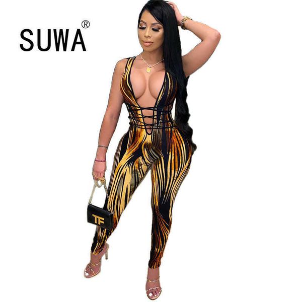 Produit Tie Dye Deep V Neck Sexy Combinaisons Pour Femmes Trendy Chic Party Club Romper Lace-Up Bodycon Overalls 210525