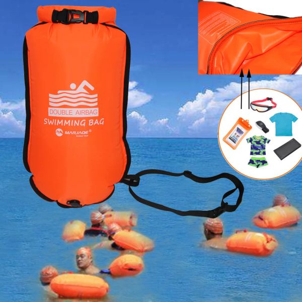 Productos 20L Inflable Inflable Boya de natación abierta Tow Float Bolsa seca Bolsa de aire doble con cinturón de cintura para natación Agua Sport Bolsa de seguridad de almacenamiento