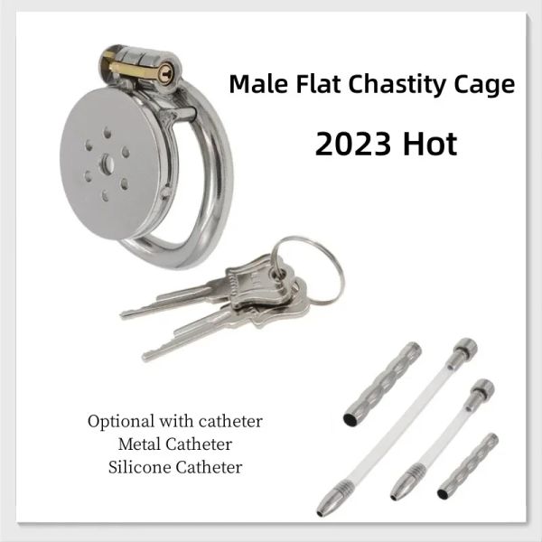 Produits Hot mâle Chastetity Couteau plat Round Round Hole Metal Chastetity Lock avec cathéter urétral Pinis Ring Cock Cage Sissy Sex Toys 18 Gay Men