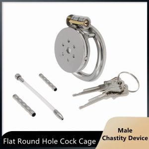 Produits Appareil de chasteté mâle Trou plat Round Hole Metal Chastety Lock, Cock Cage, Uretra Catheter, Pinis Ring, Bondage Belt Sex Toys for Men Gay