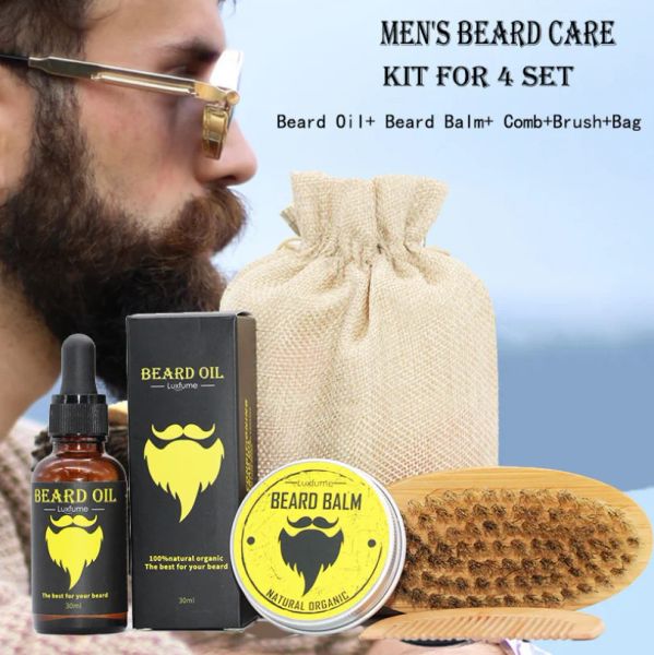 Produits Nouveau 5 pièces/ensemble hommes barbe Kit toilettage barbe ensemble Barba barbe huile hydratante cire Blam peigne Essence style cheveux Men Beard Kit Set